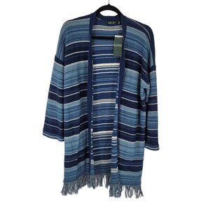 Lauren Ralph Lauren womens Large Blue Stripe knit open front fringe cardigan NWT